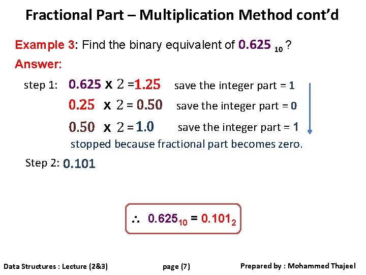 Fractional Part – Multiplication Method cont’d Example 3: Find the binary equivalent of 0.