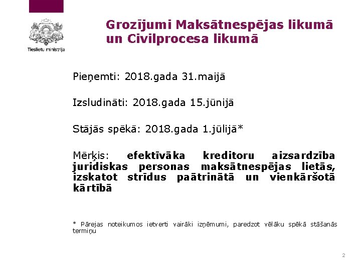 Grozījumi Maksātnespējas likumā un Civilprocesa likumā Pieņemti: 2018. gada 31. maijā Izsludināti: 2018. gada