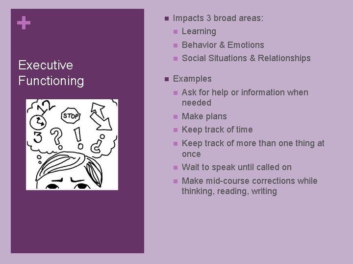 + Executive Functioning n n Impacts 3 broad areas: n Learning n Behavior &