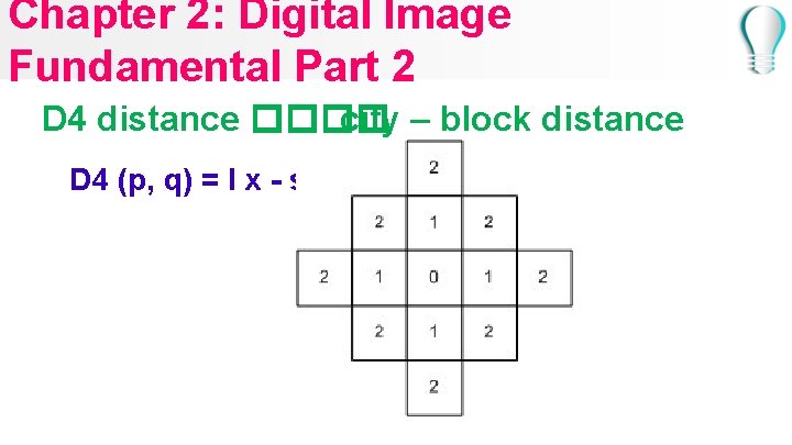 Chapter 2: Digital Image Fundamental Part 2 D 4 distance ���� city – block