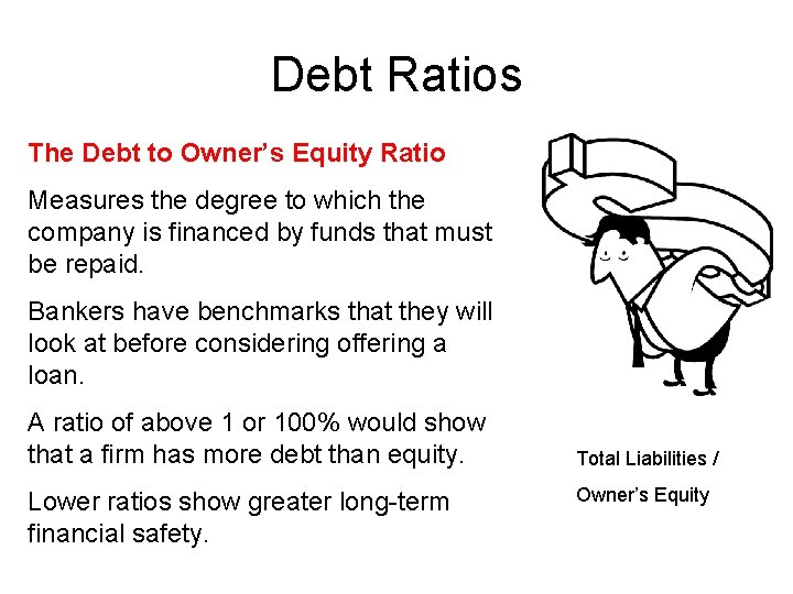 Debt Ratios The Debt to Owner’s Equity Ratio Measures the degree to which the