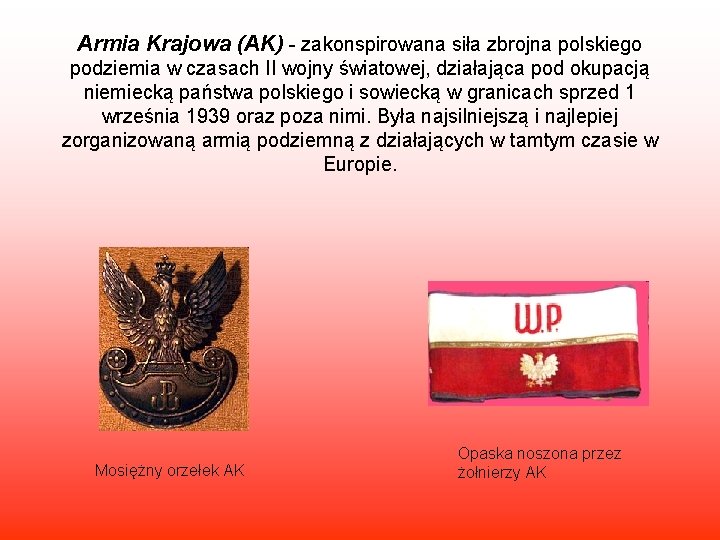 Armia Krajowa (AK) - zakonspirowana siła zbrojna polskiego podziemia w czasach II wojny światowej,