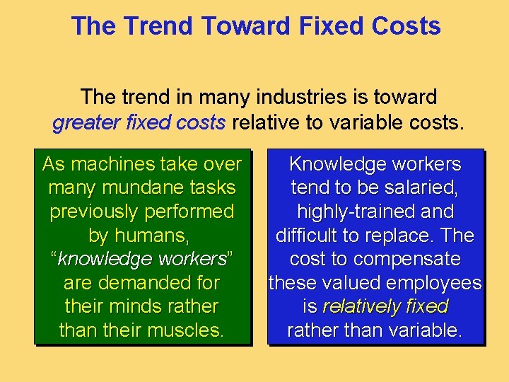The Trend Toward Fixed Costs The trend in many industries is toward greater fixed