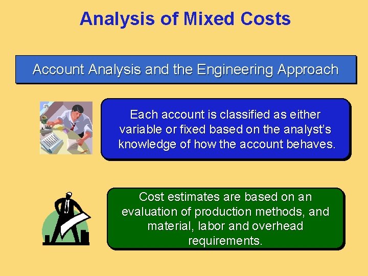 Analysis of Mixed Costs Account Analysis and the Engineering Approach Each account is classified