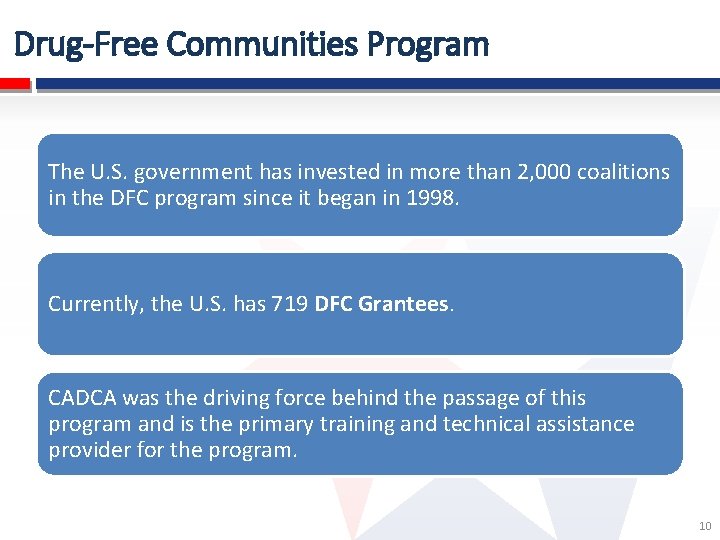 Drug-Free Communities Program The U. S. government has invested in more than 2, 000