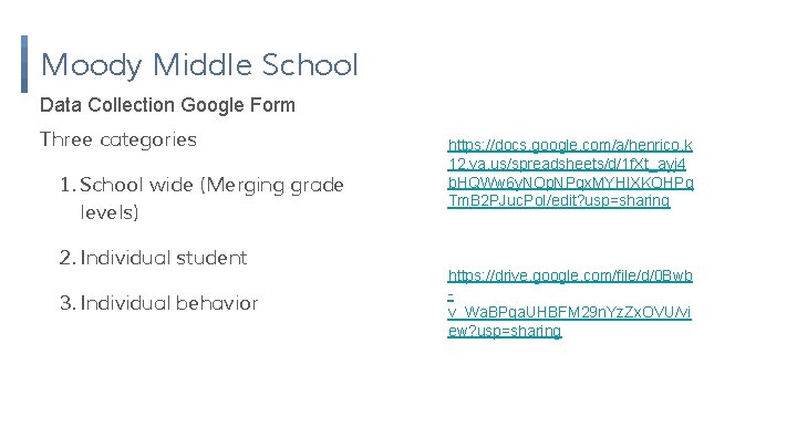 Moody Middle School Data Collection Google Form Three categories 1. School wide (Merging grade