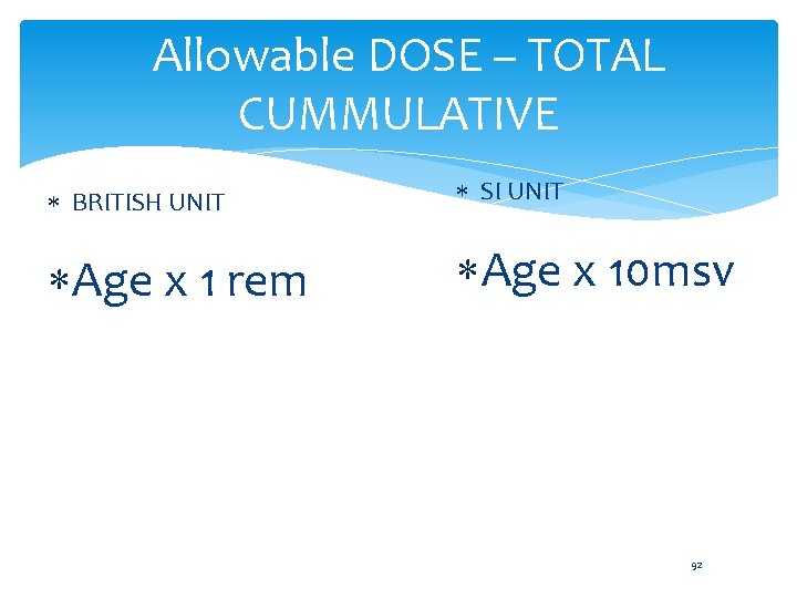  Allowable DOSE – TOTAL CUMMULATIVE BRITISH UNIT SI UNIT Age x 1 rem