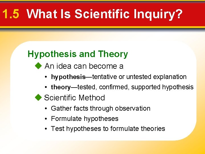 1. 5 What Is Scientific Inquiry? Hypothesis and Theory An idea can become a