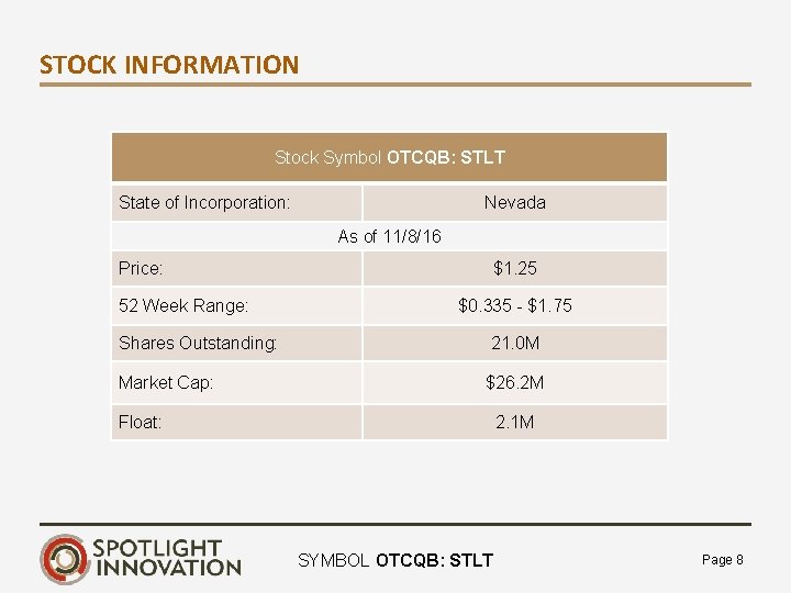 STOCK INFORMATION Stock Symbol OTCQB: STLT State of Incorporation: Nevada As of 11/8/16 Price: