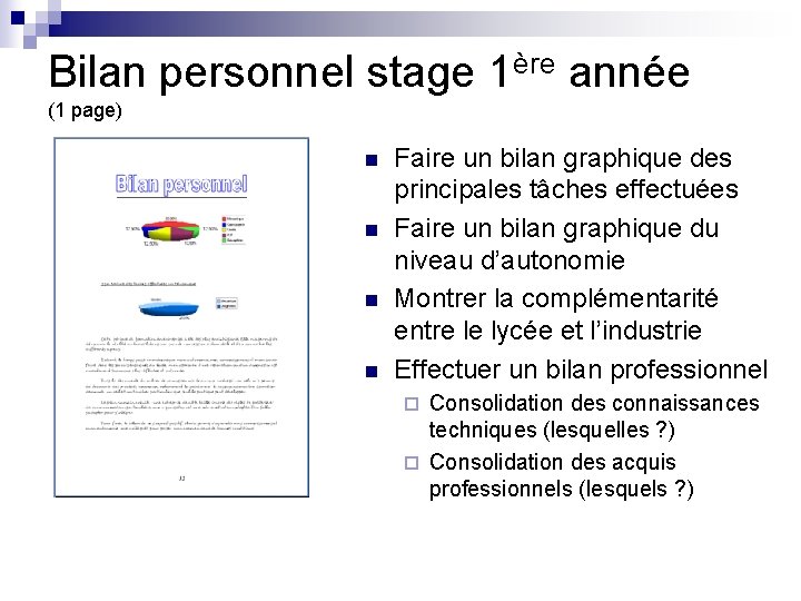 Bilan personnel stage 1ère année (1 page) n n Faire un bilan graphique des