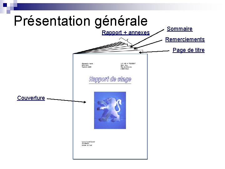 Présentation générale Rapport + annexes Sommaire Remerciements Page de titre Couverture 