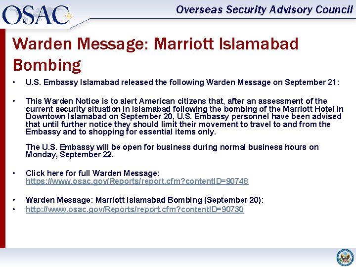 Overseas Security Advisory Council Warden Message: Marriott Islamabad Bombing • U. S. Embassy Islamabad