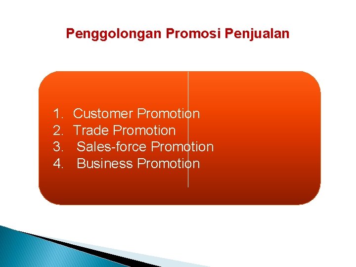 Penggolongan Promosi Penjualan 1. 2. 3. 4. Customer Promotion Trade Promotion Sales-force Promotion Business
