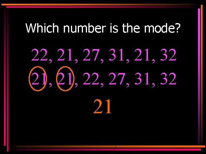 Which number is the mode? 22, 21, 27, 31, 21, 32 21, 22, 27,
