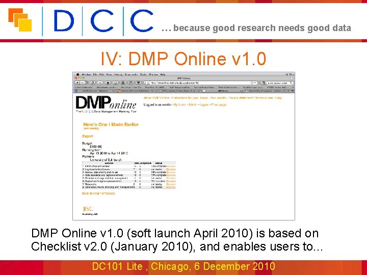 … because good research needs good data IV: DMP Online v 1. 0 (soft