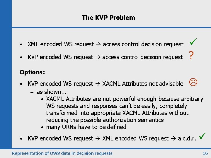 The KVP Problem • XML encoded WS request access control decision request • KVP