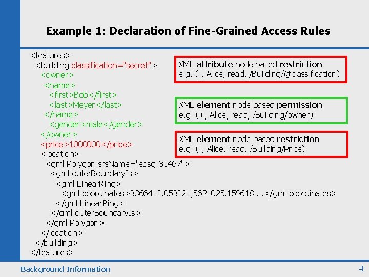 Example 1: Declaration of Fine-Grained Access Rules <features> XML attribute node based restriction <building