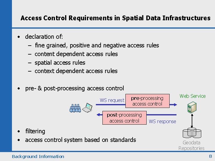 Access Control Requirements in Spatial Data Infrastructures • declaration of: – fine grained, positive