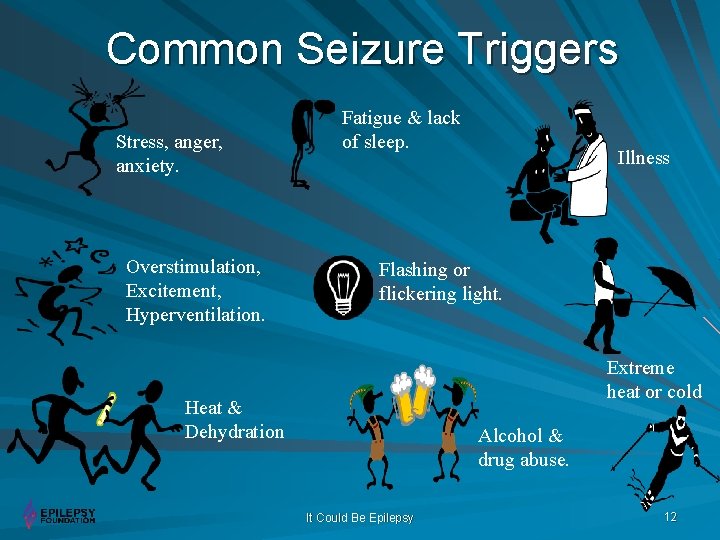 Common Seizure Triggers Stress, anger, anxiety. Overstimulation, Excitement, Hyperventilation. Fatigue & lack of sleep.