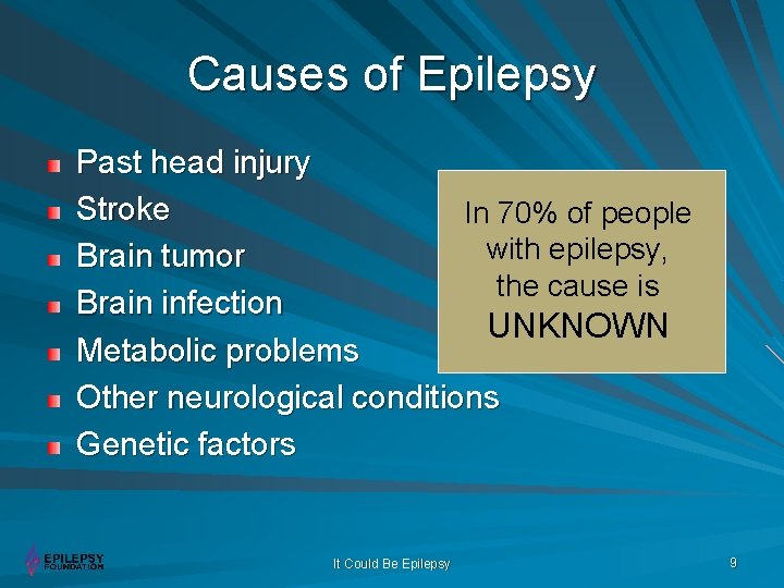 Causes of Epilepsy Past head injury Stroke In 70% of people with epilepsy, Brain