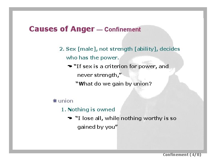 Causes of Anger — Confinement 2. Sex [male], not strength [ability], decides who has