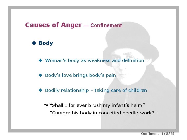 Causes of Anger — Confinement u Body Woman’s body as weakness and definition Body’s