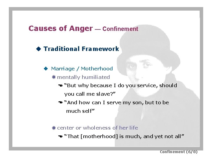 Causes of Anger — Confinement u Traditional Framework Marriage / Motherhood mentally humiliated “But