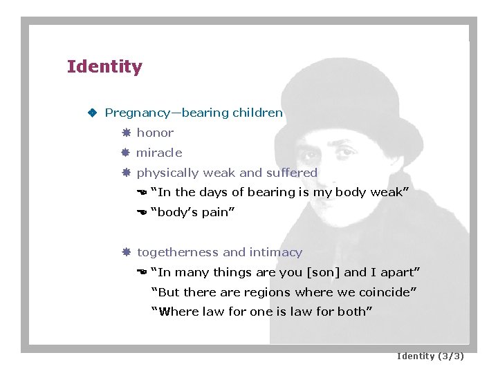 Identity Pregnancy—bearing children honor miracle physically weak and suffered “In the days of bearing