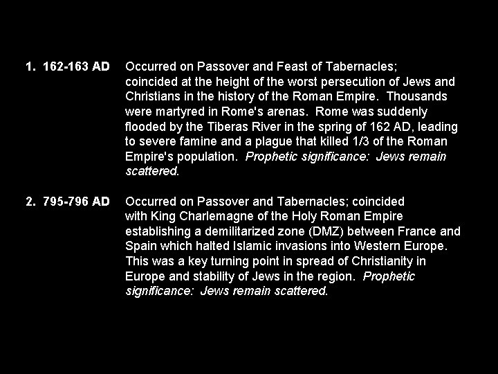 1. 162 -163 AD Occurred on Passover and Feast of Tabernacles; coincided at the