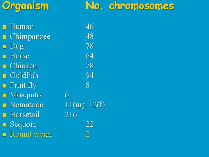 Organism n n n Human Chimpanzee Dog Horse Chicken Goldfish Fruit fly Mosquito Nematode