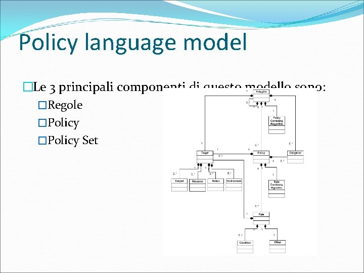 Policy language model �Le 3 principali componenti di questo modello sono: �Regole �Policy Set