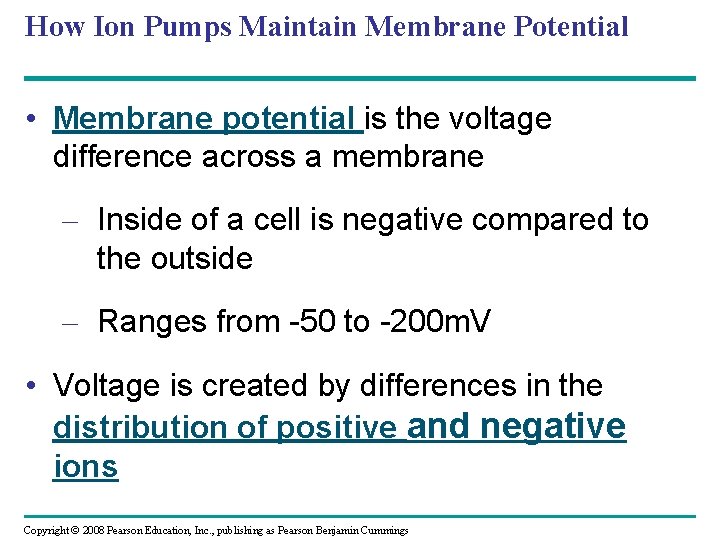 How Ion Pumps Maintain Membrane Potential • Membrane potential is the voltage difference across