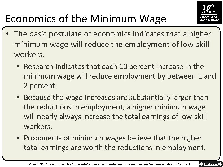 Economics of the Minimum Wage 16 th edition Gwartney-Stroup Sobel-Macpherson • The basic postulate