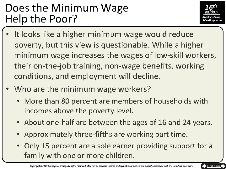 Does the Minimum Wage Help the Poor? 16 th edition Gwartney-Stroup Sobel-Macpherson • It