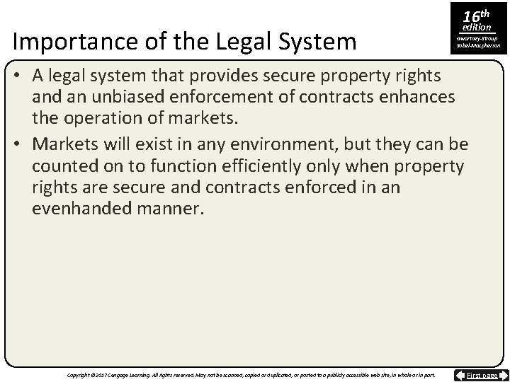 Importance of the Legal System 16 th edition Gwartney-Stroup Sobel-Macpherson • A legal system