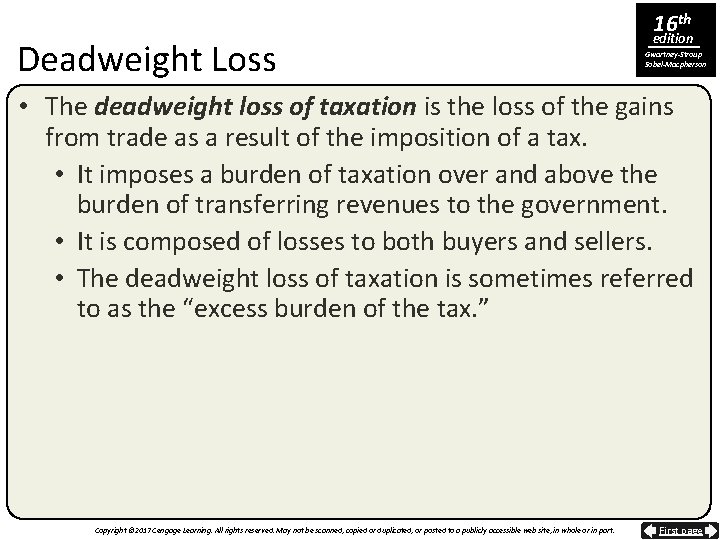 Deadweight Loss 16 th edition Gwartney-Stroup Sobel-Macpherson • The deadweight loss of taxation is