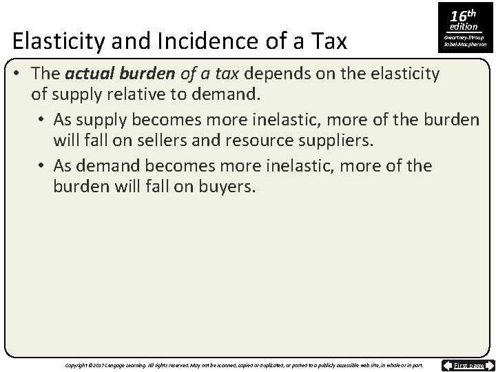 Elasticity and Incidence of a Tax 16 th edition Gwartney-Stroup Sobel-Macpherson • The actual