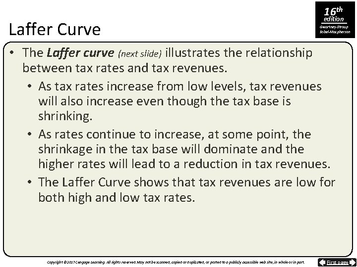 Laffer Curve 16 th edition Gwartney-Stroup Sobel-Macpherson • The Laffer curve (next slide) illustrates