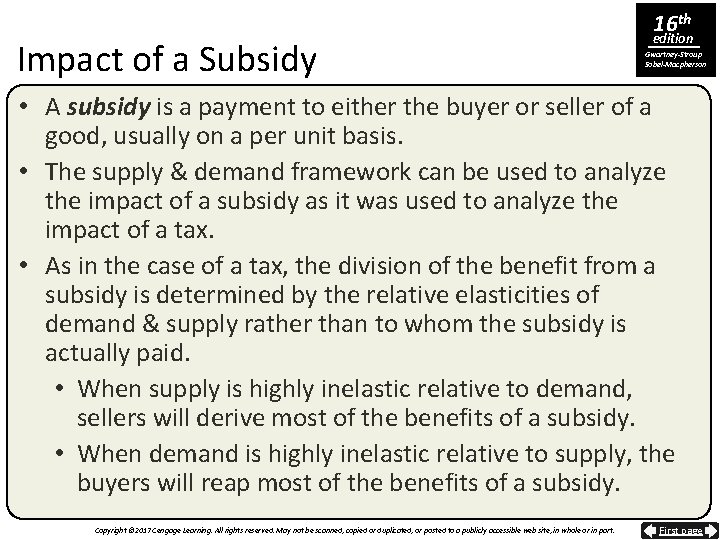 Impact of a Subsidy 16 th edition Gwartney-Stroup Sobel-Macpherson • A subsidy is a