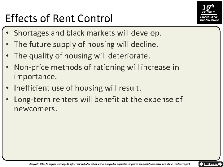 Effects of Rent Control 16 th edition Gwartney-Stroup Sobel-Macpherson Shortages and black markets will