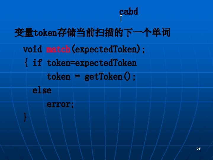 cabd 变量token存储当前扫描的下一个单词 void match(expected. Token); { if token=expected. Token token = get. Token(); else