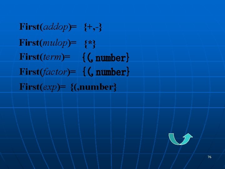 First(addop)= {+, -} First(mulop)= {*} First(term)= {(, number} First(factor)= {(, number} First(exp)= {(, number}