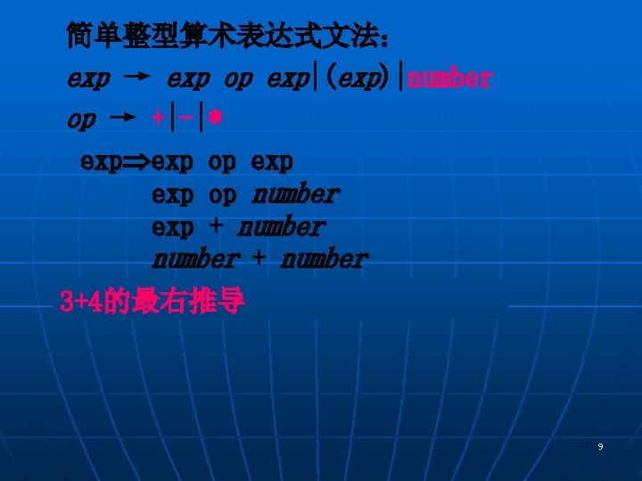 简单整型算术表达式文法： exp → exp op exp|(exp)|number op → +|-|* exp exp op number exp