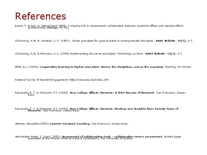References Banta, T. & Kuh, G. (March/April 1998). A missing link in assessment: collaboration