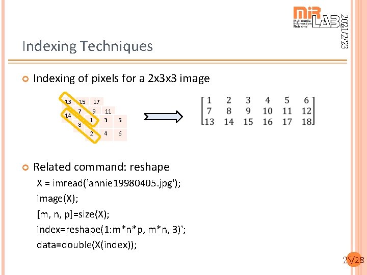  Indexing of pixels for a 2 x 3 x 3 image 13 15