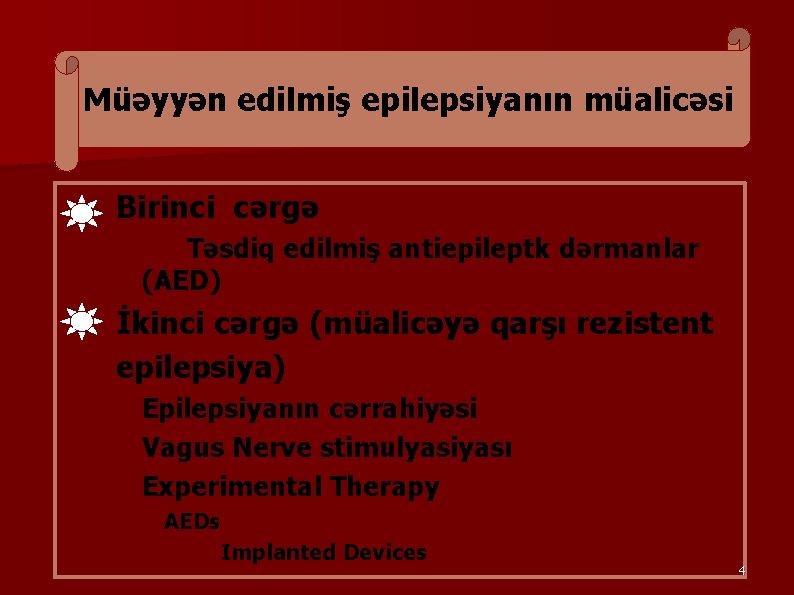 Müəyyən edilmiş epilepsiyanın müalicəsi Birinci cərgə Təsdiq edilmiş antiepileptk dərmanlar (AED) İkinci cərgə (müalicəyə