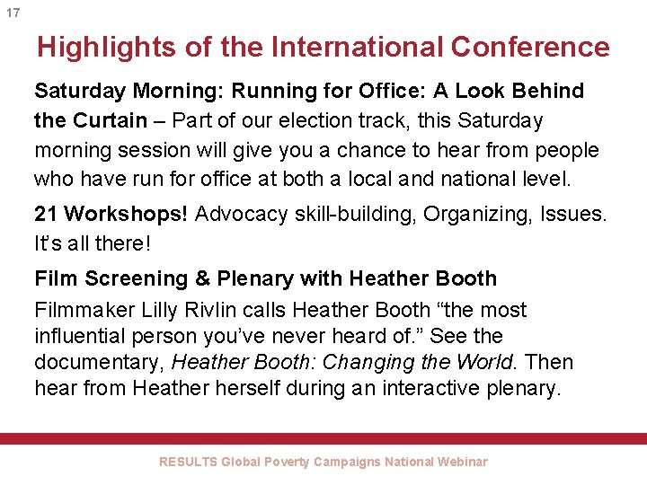 17 Highlights of the International Conference Saturday Morning: Running for Office: A Look Behind