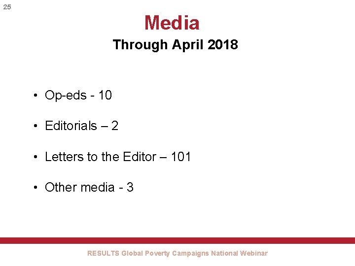 25 Media Through April 2018 • Op-eds - 10 • Editorials – 2 •