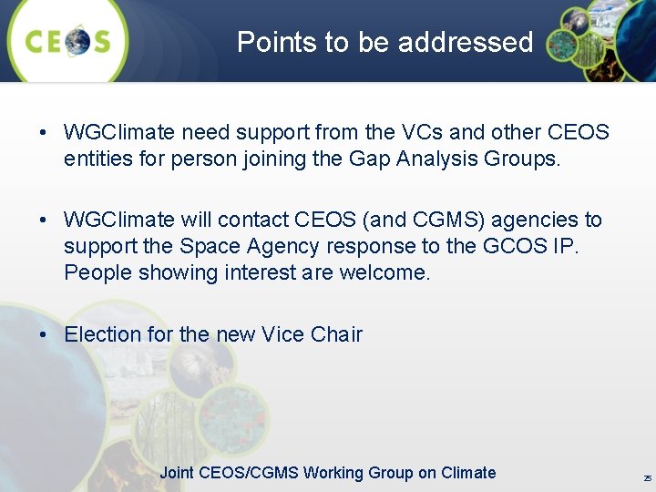 Points to be addressed • WGClimate need support from the VCs and other CEOS