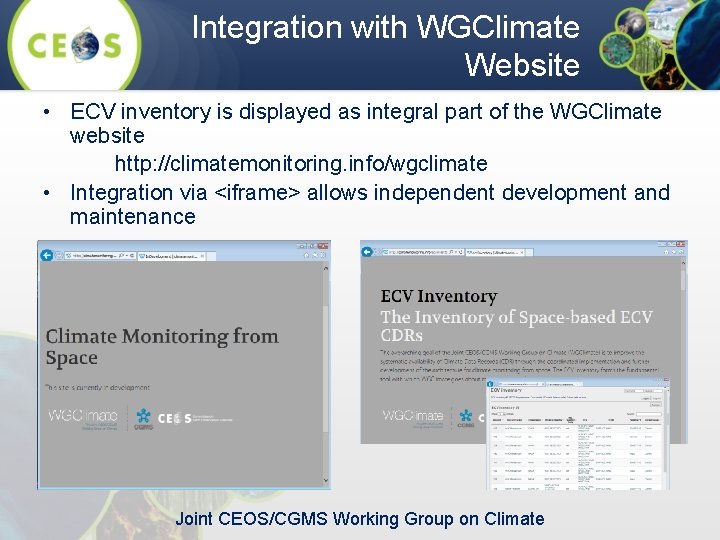 Integration with WGClimate Website • ECV inventory is displayed as integral part of the